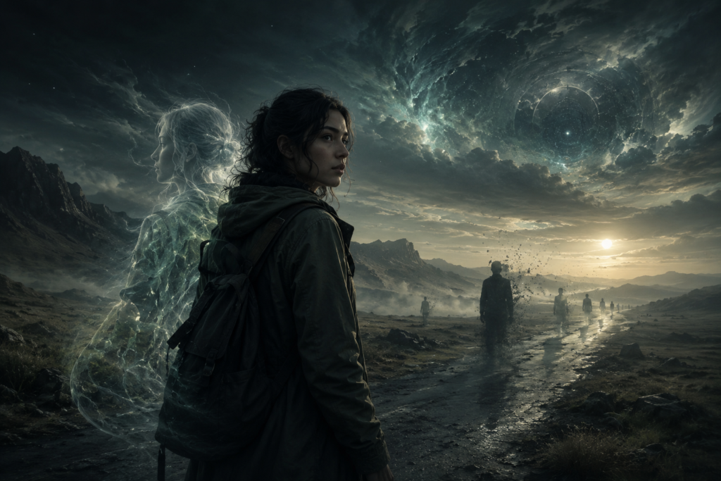 Maya observa un paisaje oscuro y misterioso mientras una figura astral aparece a su lado y varias siluetas se desvanecen en el horizonte.