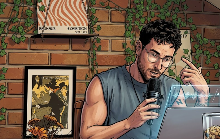 Ilustración de un hombre joven con gafas grabando un podcast frente a un portátil, con micrófono en la mano, pared de ladrillo y plantas de fondo.